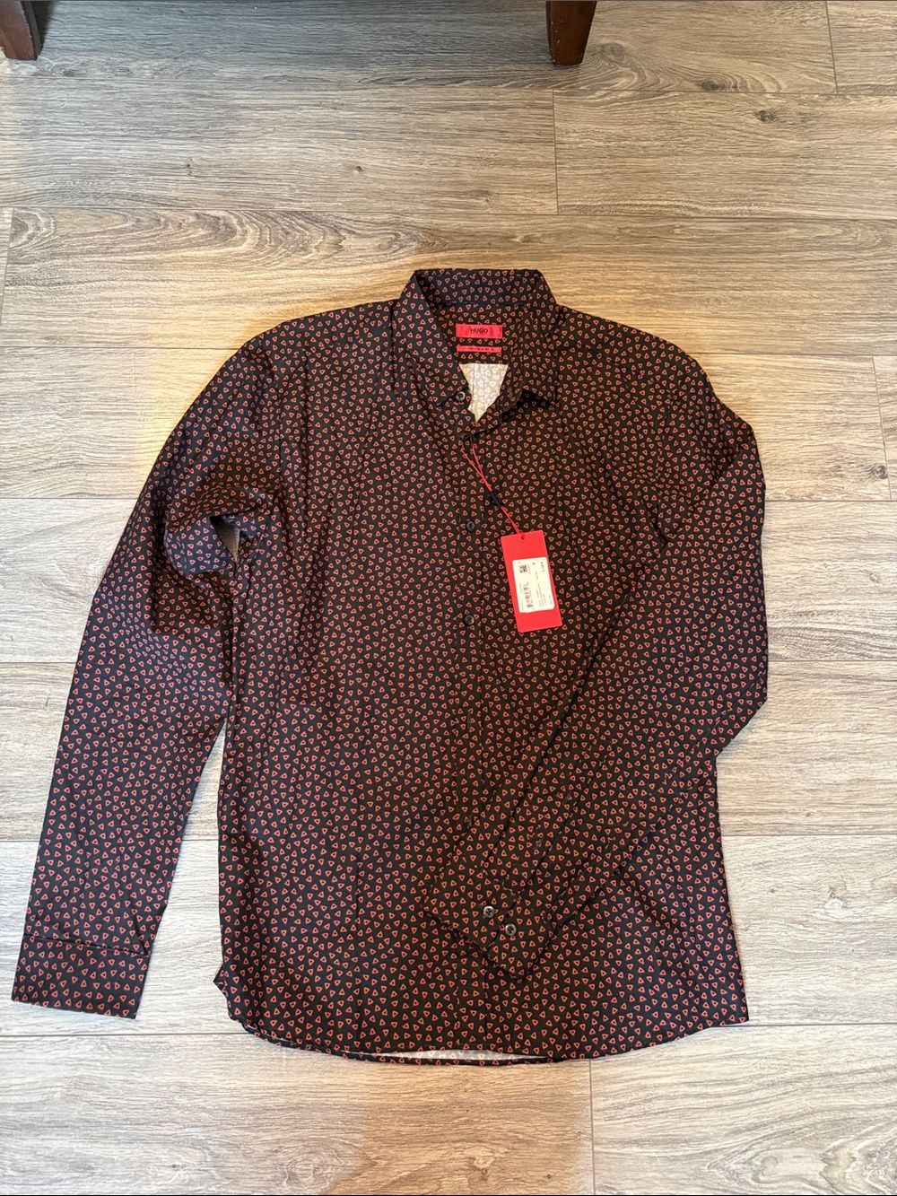 Hugo Boss Men's Long-Sleeve Printed Shirt - Black with Red Accent